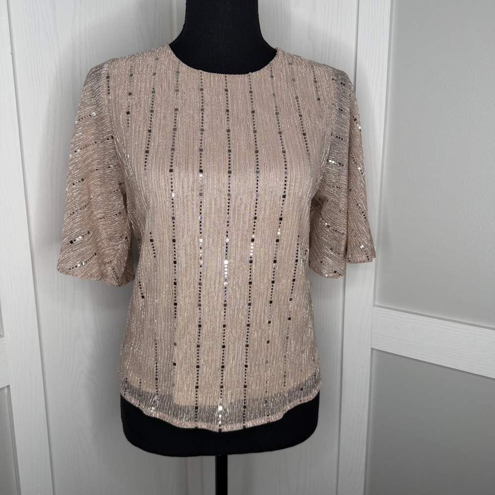 Sweet Rain Sequin Stripe Blouse Women Small Champagne Gold Metallic Tie Back Top